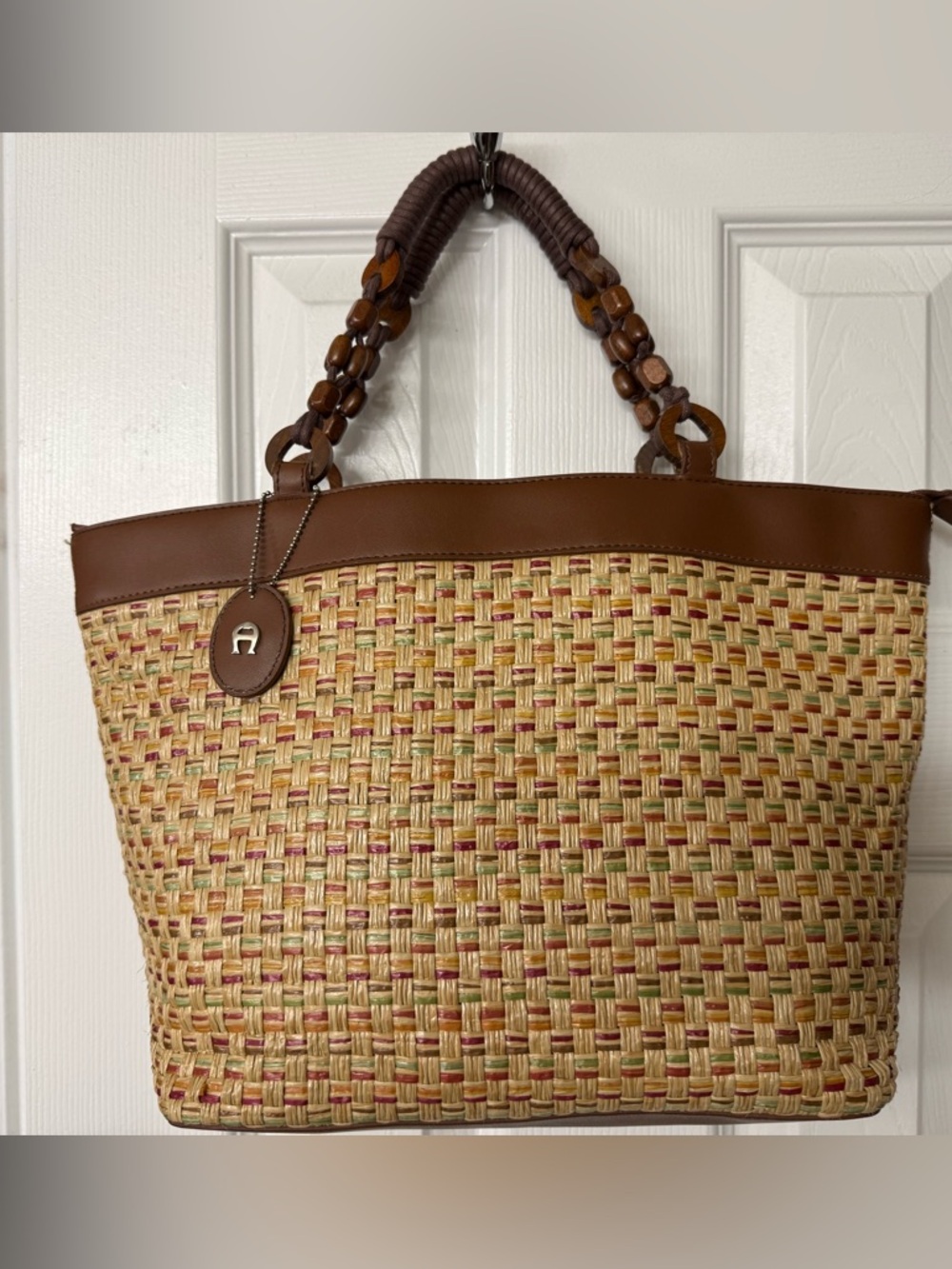 Vintage Etienne Aigner Woven Straw Crossbody Tote in Tan and Brown